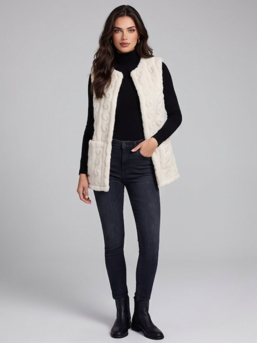 Cream Cable Knit Textured Faux Fur Vest